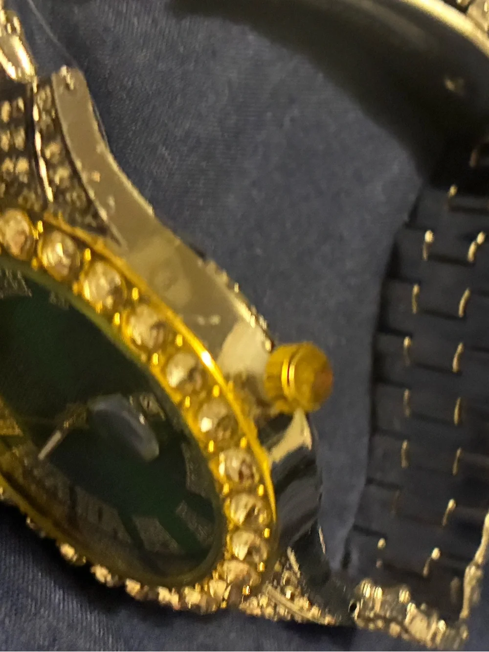Gold-Tone Iced Out Watch with Green Dial and Crystal Accents